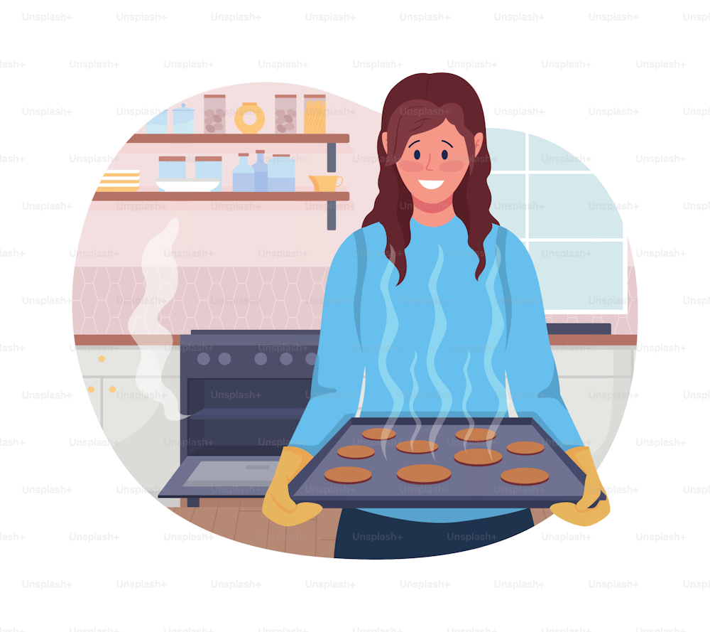 Lady baking cookies 2D vector isolated illustration. Happy woman preparing food flat character on cartoon background. Cooking dessert colourful scene for mobile, website, presentation