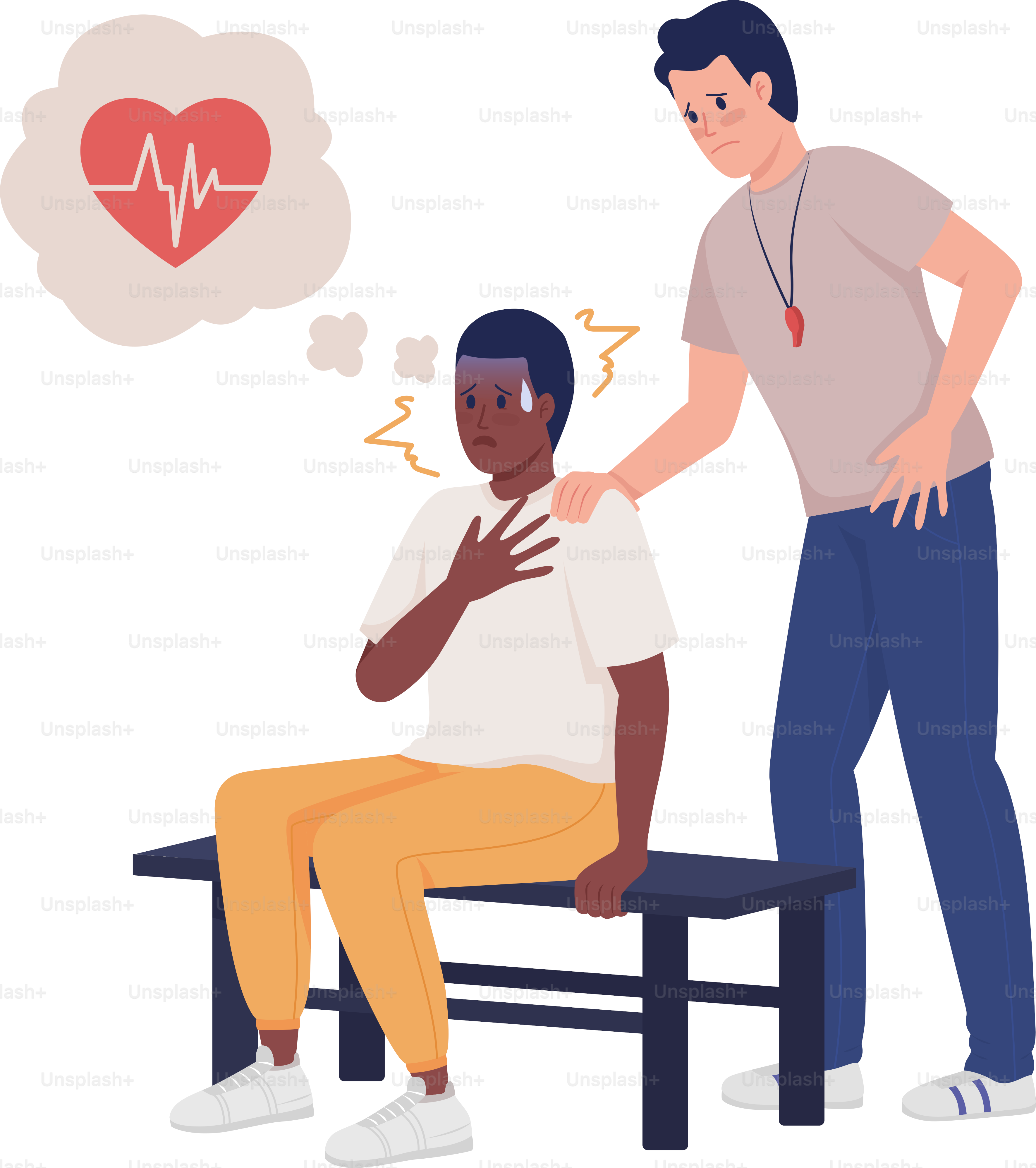 Panic episode after workout semi flat color vector characters. Posing figure. Full body people on white. Worried coach simple cartoon style illustration for web graphic design and animation