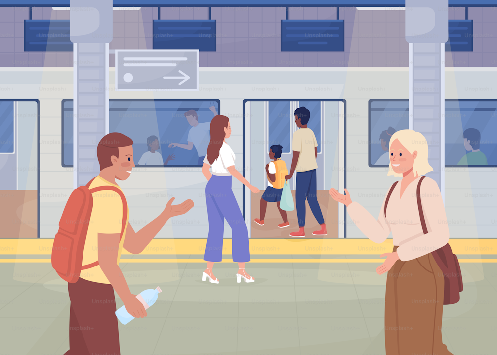 地下鉄駅のフラットカラーベクターイラストの日常生活。大量高速輸送。現代の都会のライフスタイル。背景に都市景観を持つ公共交通機関の2Dシンプルな漫画のキャラクター