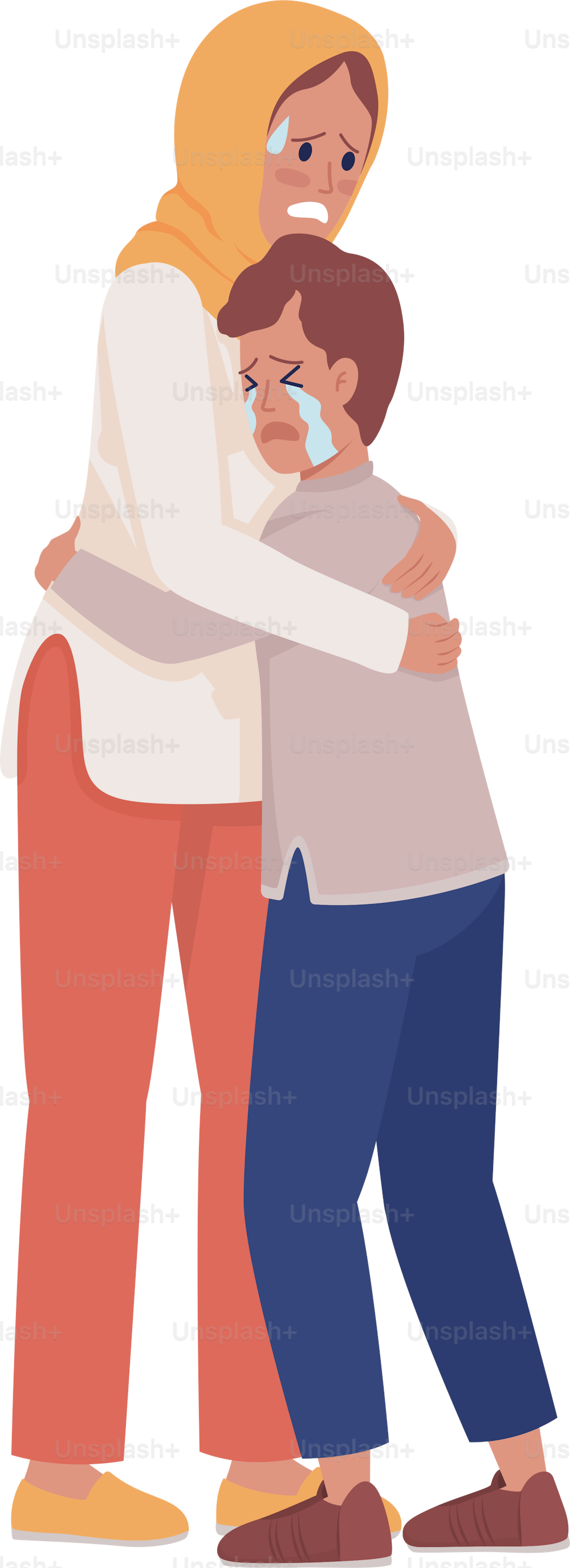 Terrified mom and son semi flat color vector characters. Standing figures. Full body people on white. Crying and shocked family simple cartoon style illustration for web graphic design and animation