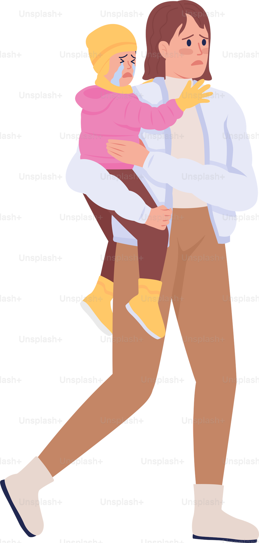 Mother with kid leaving home by war and persecution semi flat color vector characters. Scared figures. Full body people on white. Simple cartoon style illustration for web graphic design and animation