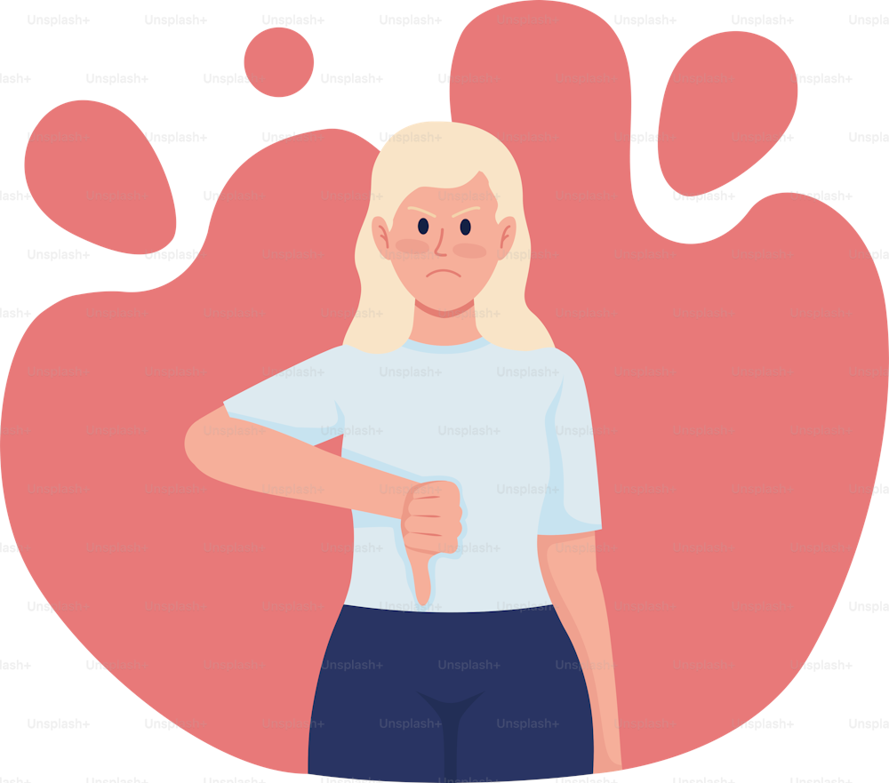 Thumbs down 2D vector isolated illustration. Gesture of disapproval flat character on cartoon background. Angry and displeased woman colourful scene for mobile, website, presentation