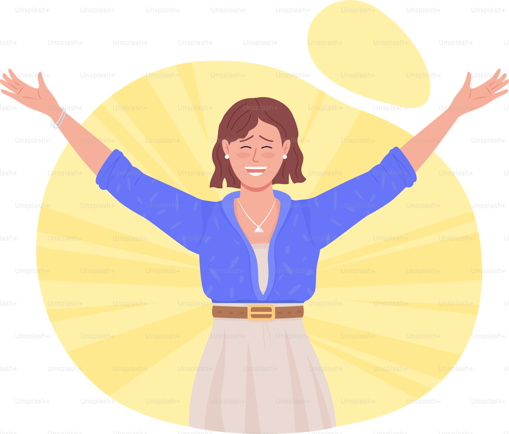 Happy lady 2D vector isolated illustration. Excited and cheerful flat character on cartoon background. Woman smiling and laughing and satisfied colourful scene for mobile, website, presentation