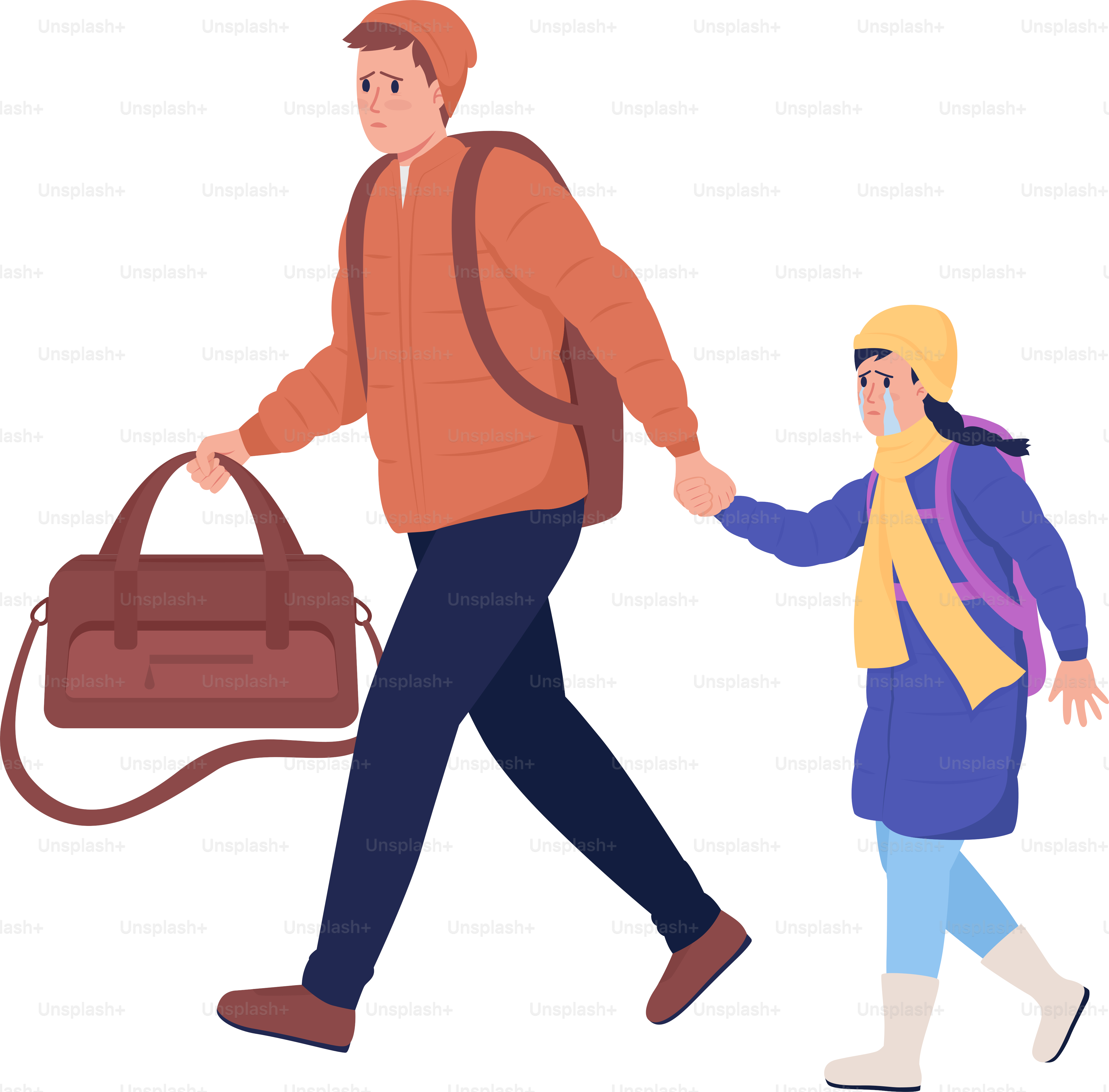 Father with daughter running away from war semi flat color vector characters. Distressed figures. Full body people on white. Simple cartoon style illustration for web graphic design and animation