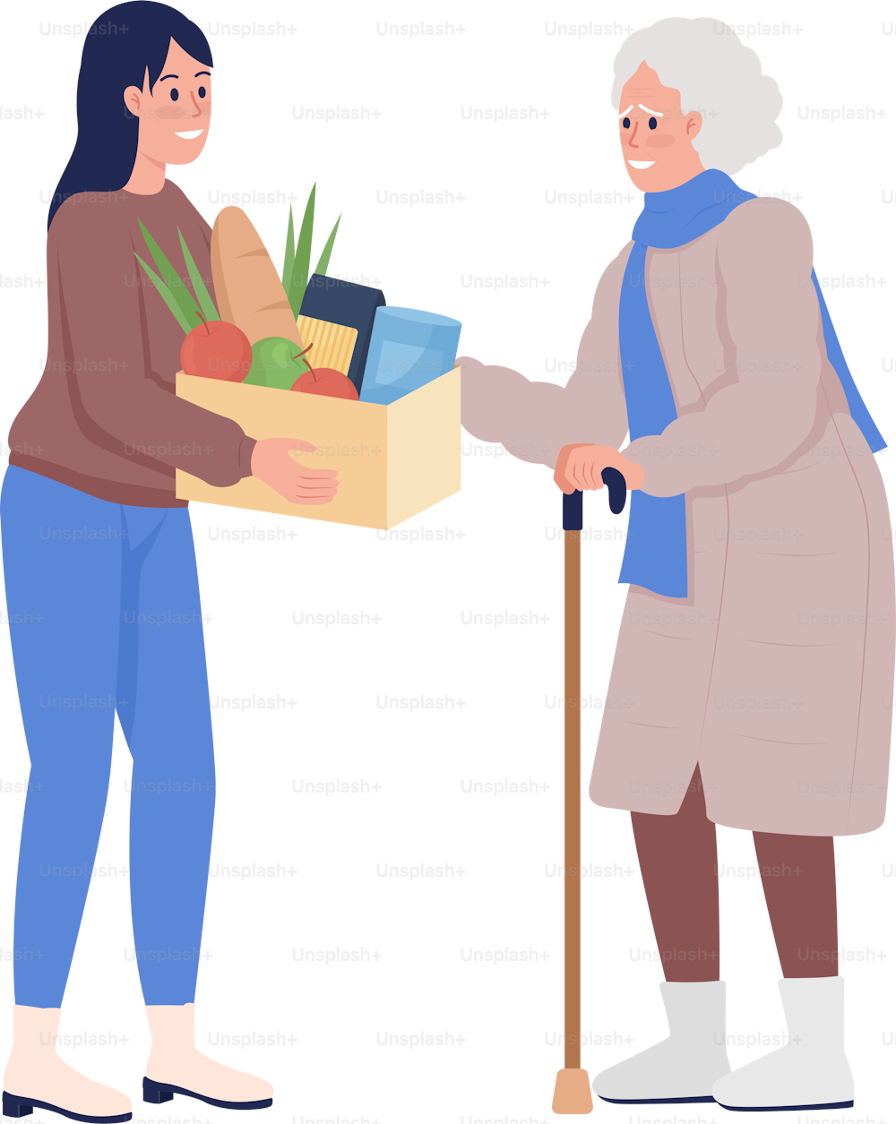 Old woman expressing thankfulness to volunteer semi flat color vector characters. Standing figures. Full body people on white. Simple cartoon style illustration for web graphic design and animation