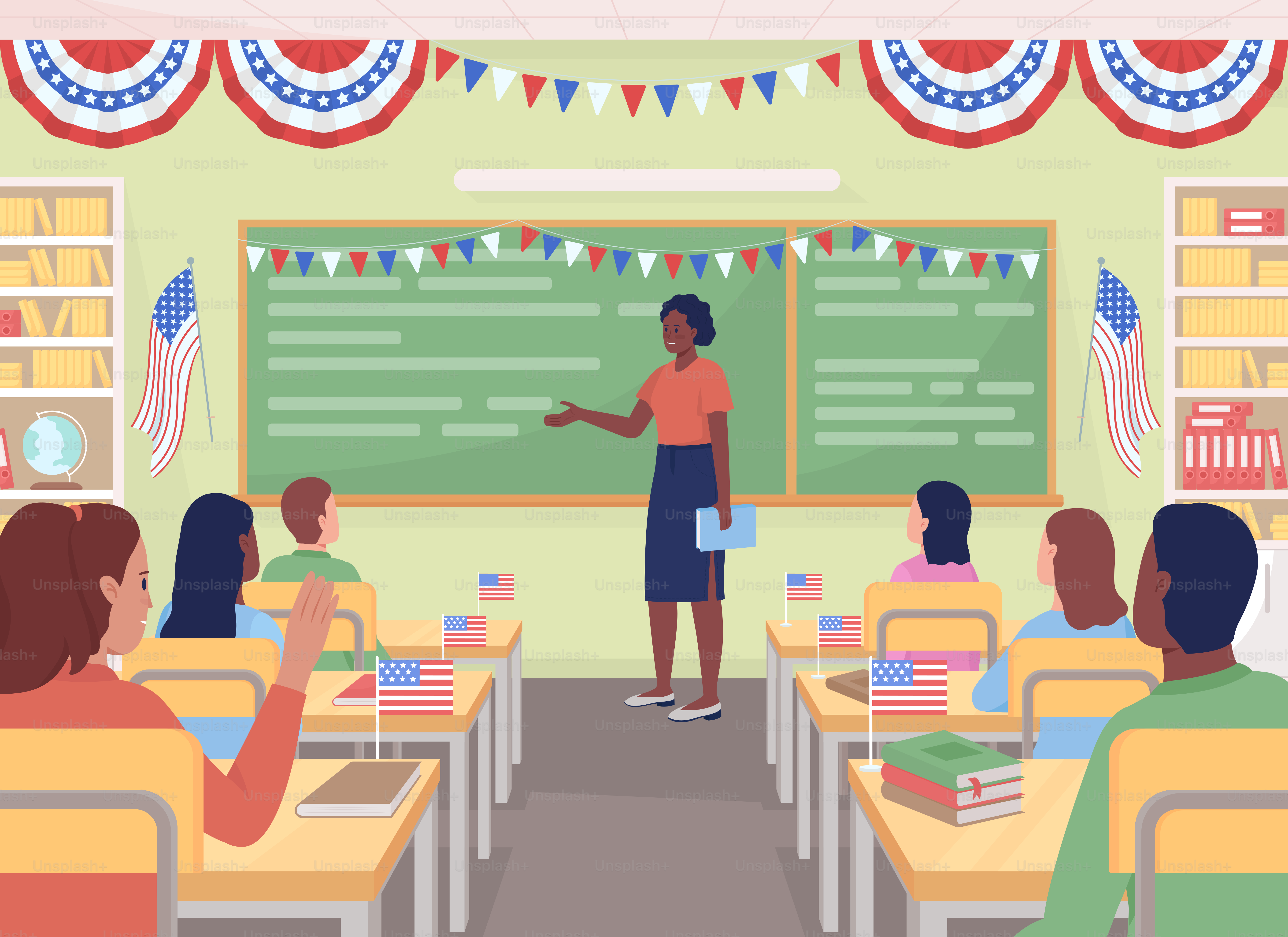 Lección de patriotismo en la ilustración vectorial a color plano en escuelas americanas. Profesor hablando con los alumnos sobre el Día de la Independencia. Cuatro de julio: personajes animados sencillos en 2D de las fiestas con interior de fondo