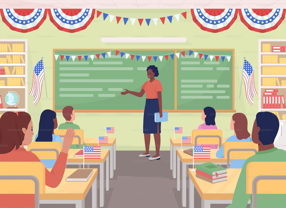 Patriotism lesson in American school flat color vector illustration. Teacher talking to students about Independence day. July fourth holiday 2D simple cartoon characters with interior on background