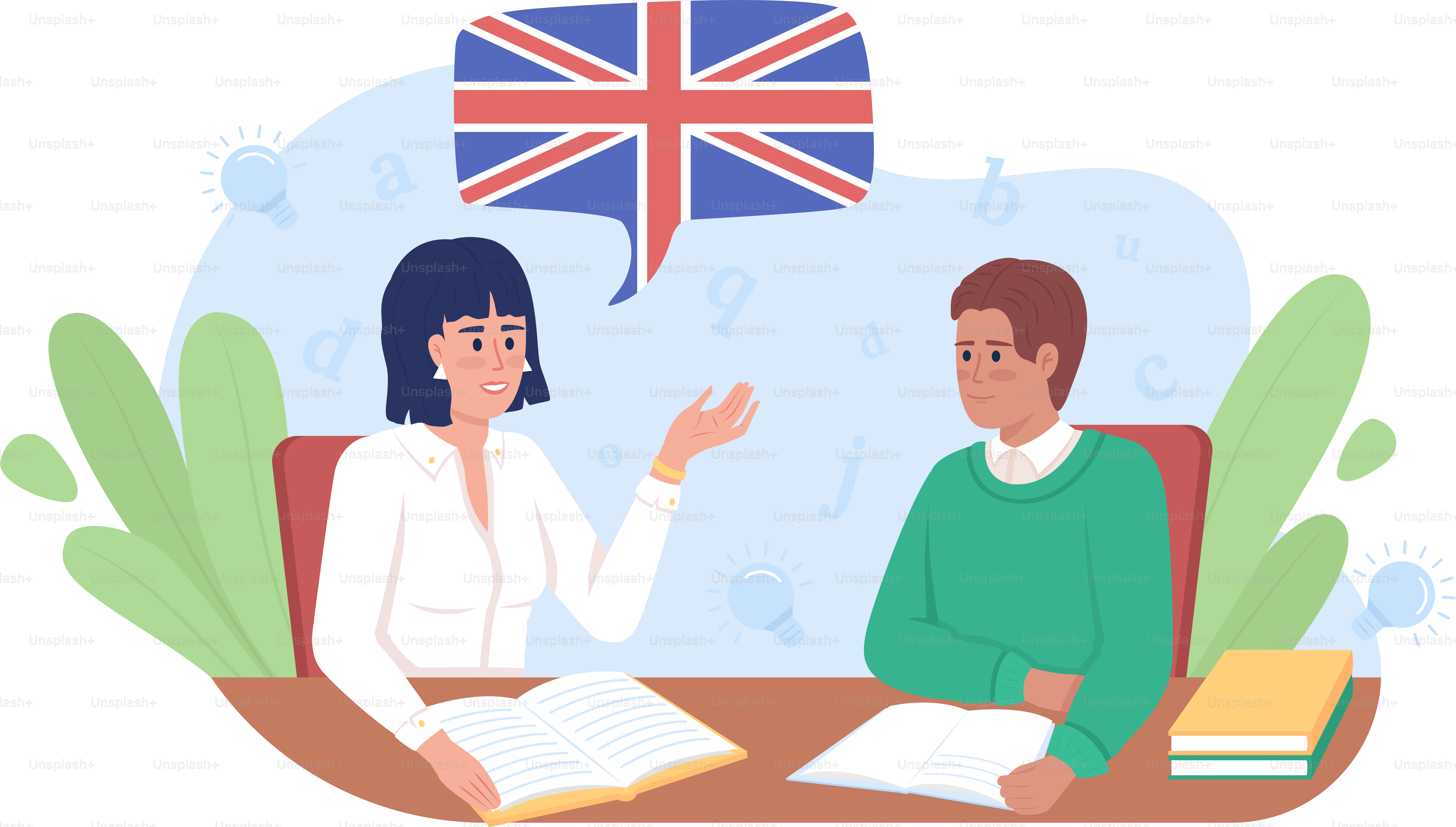 Classe inglese 2D vettoriale isolato illustrazione. Insegnante di inglese e  personaggi piatti degli studenti sullo sfondo dei cartoni animati. Scena  colorata di tutoraggio privato per cellulare, sito web, presentazione. Font  Lora utilizzato, image size:3000x1704