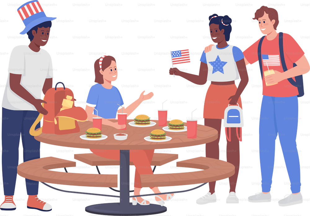 Friends at holiday picnic semi flat color vector characters. Posing figures. Full body people on white. July fourth simple cartoon style illustration for web graphic design and animation