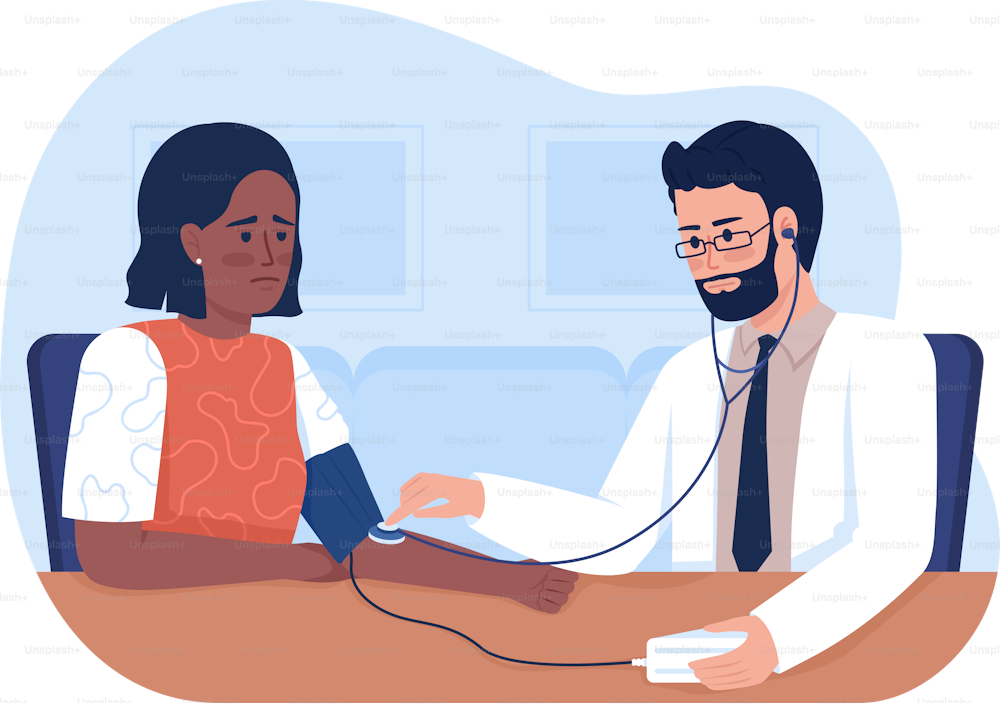 Doctor measuring pressure of sad woman 2D vector isolated illustration. Medical flat characters on cartoon background. Healthcare service colourful scene for mobile, website, presentation