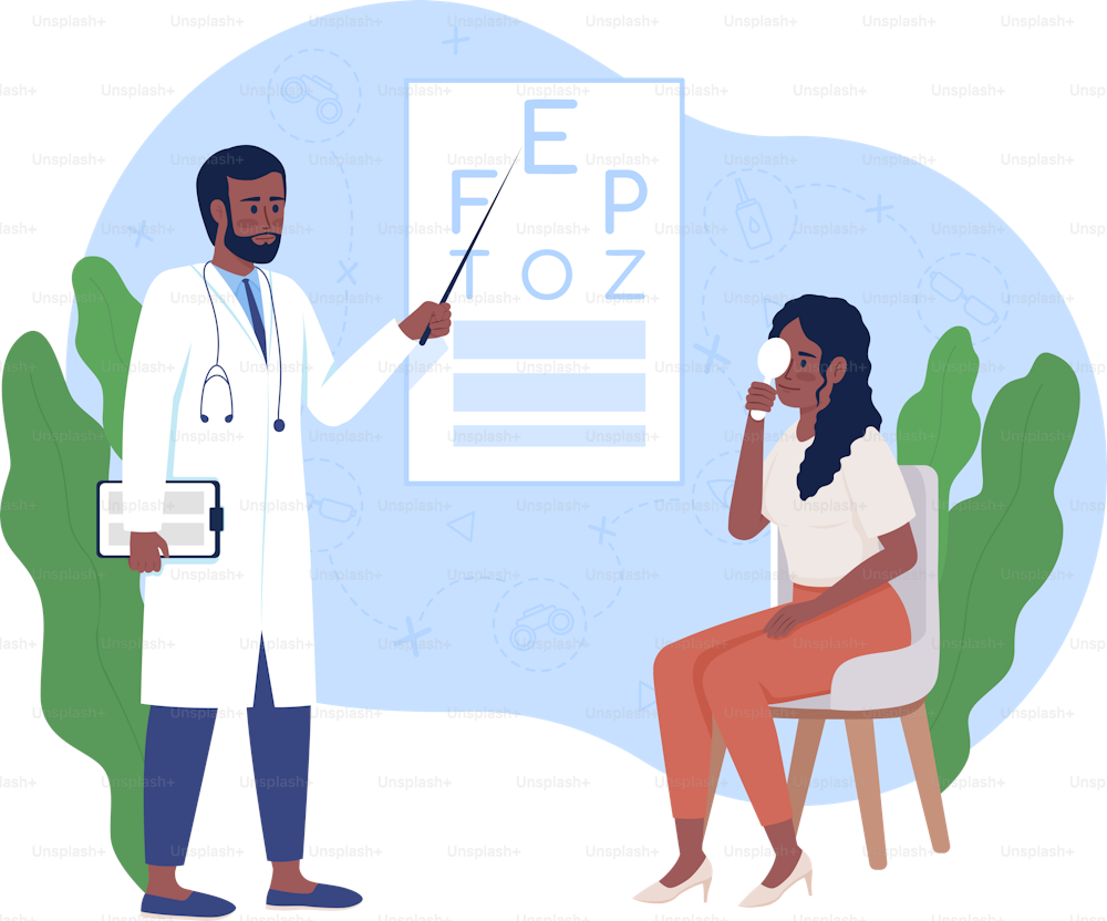 Eye examination 2D vector isolated illustration. Ophthalmologist and patient flat characters on cartoon background. Vision exam colourful scene for mobile, website, presentation. Comfortaa font used