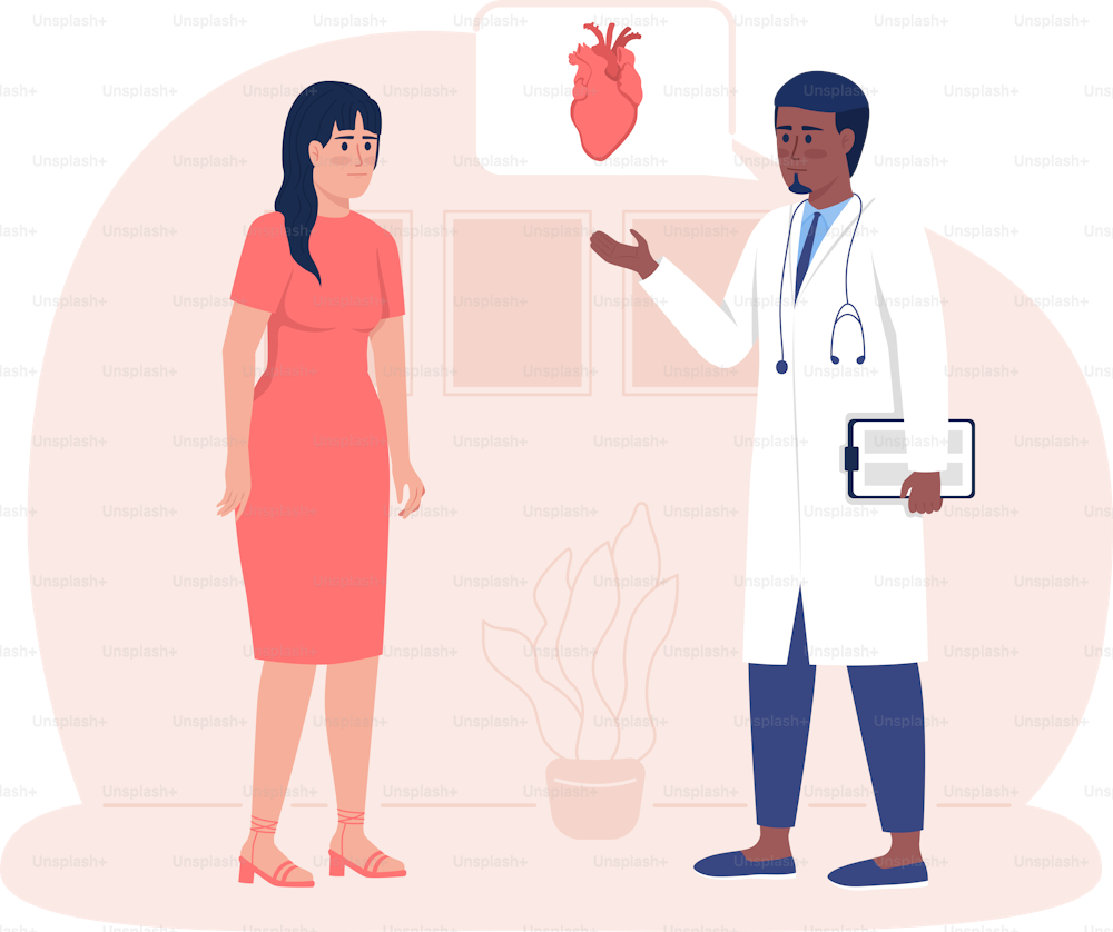 Cardiologist consulting woman in clinic 2D vector isolated illustration. Patient and doctor flat characters on cartoon background. Medical checkup colourful scene for mobile, website, presentation