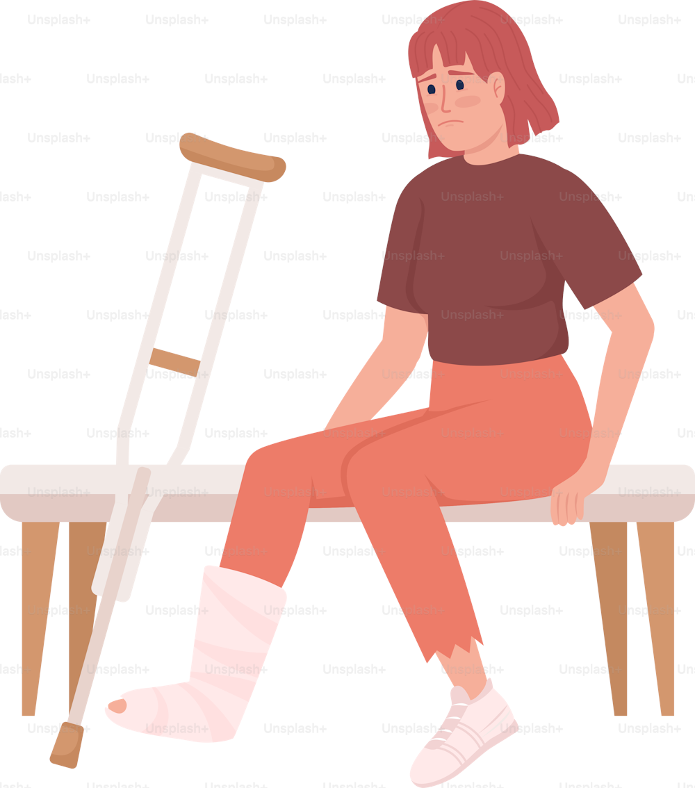 Woman with broken leg and crutch semi flat color vector character. Sitting figure. Full body person on white. Injury recovery simple cartoon style illustration for web graphic design and animation