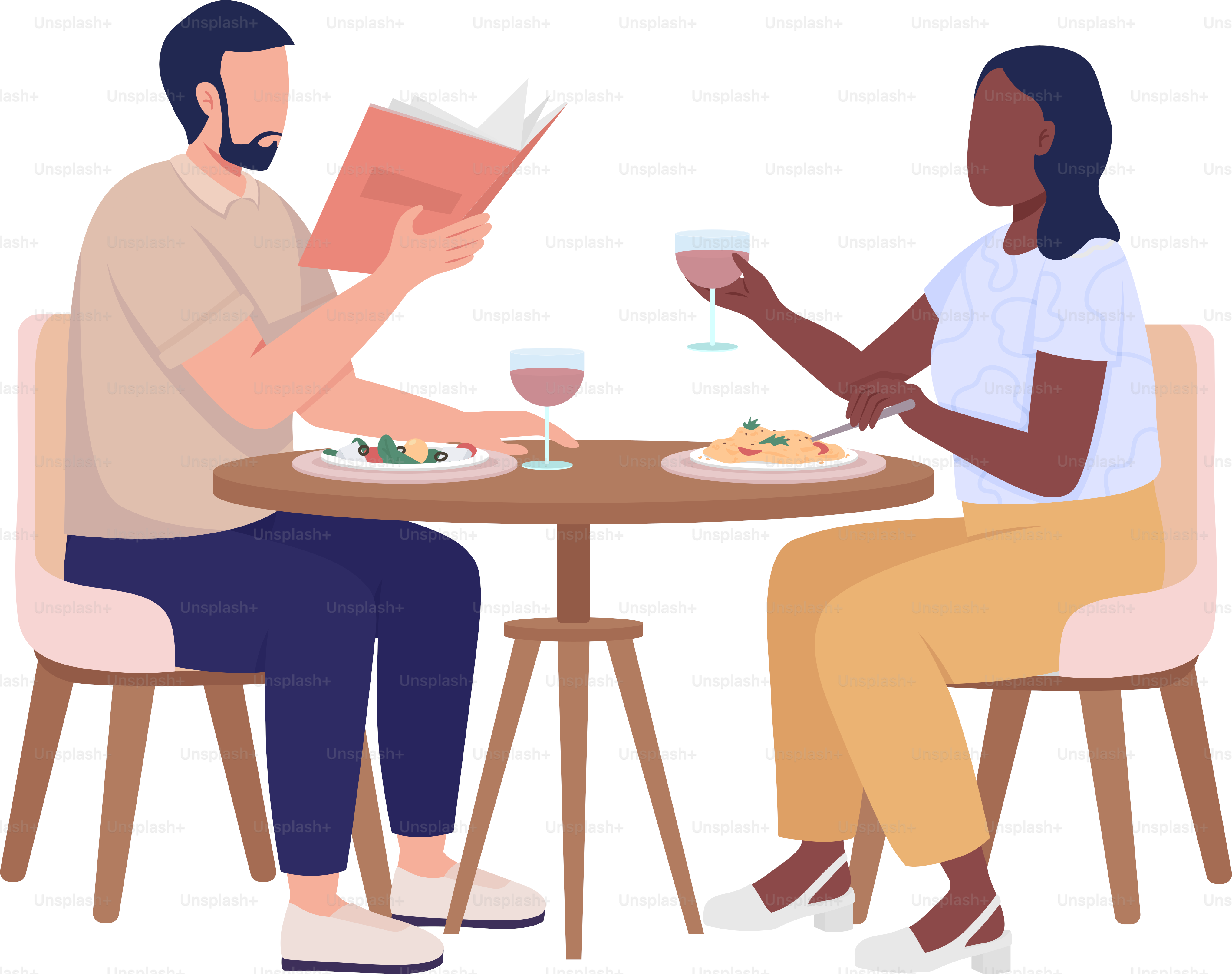Menschen, die das Essen in Restaurants genießen, halb-flache Farbvektorzeichen. Editierbare Figur. Ganzkörper-Personen auf Weiß. Café-Service einfache Cartoon-Illustration für Web-Grafikdesign und Animation