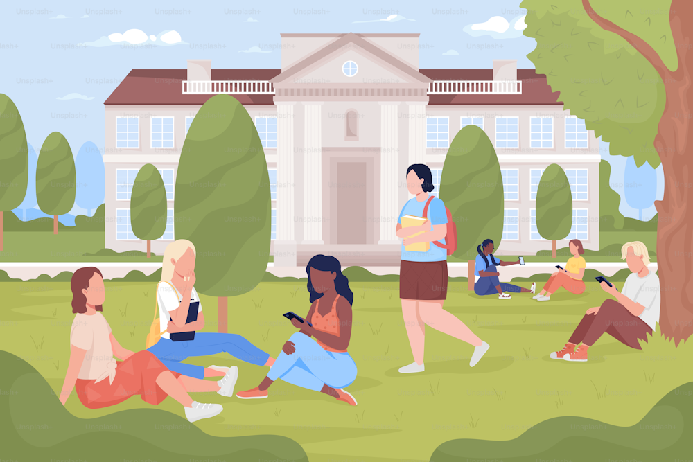 Students resting in university park flat color vector illustration. City college yard. Education establishment. Fully editable 2D simple cartoon characters with building on background