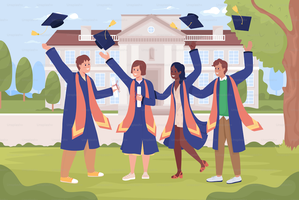 Happy graduating students at university flat color vector illustration. Education system. Fully editable 2D simple cartoon characters with campus building on background. Cardo font used