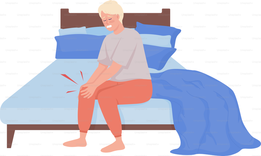 Young man suffering from morning joint pain semi flat color vector character. Editable figure. Full body person on white. Simple cartoon style illustration for web graphic design and animation
