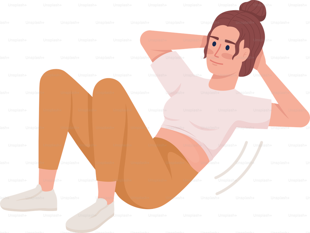 Smiling woman doing abdominal crunches semi flat color vector character. Editable figure. Full body person on white. Simple cartoon style illustration for web graphic design and animation