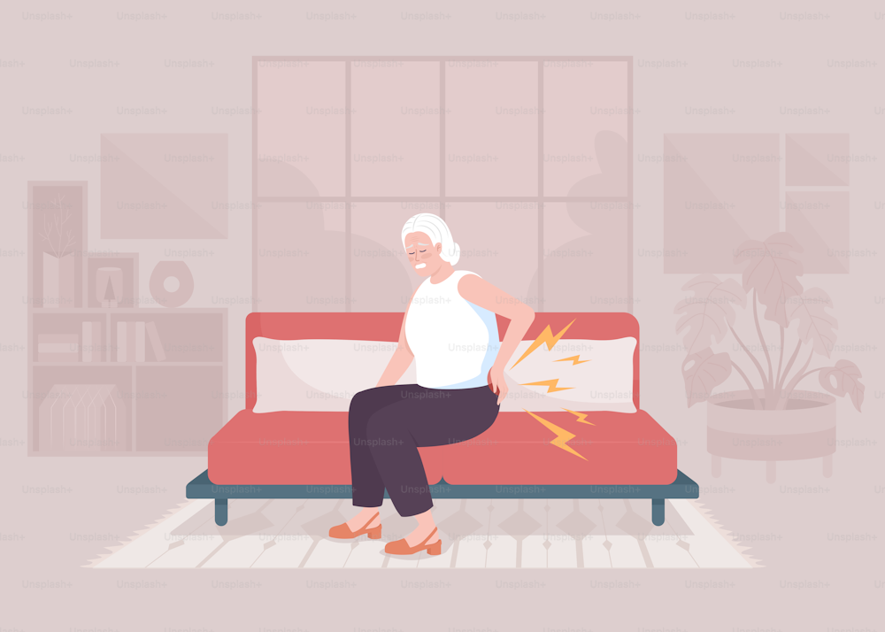 Ilustración vectorial de color plano de osteoartritis relacionada con la edad. Anciana que sufre de dolor lumbar. Estado de salud. Personaje de dibujos animados simple en 2D totalmente editable con un interior acogedor en el fondo