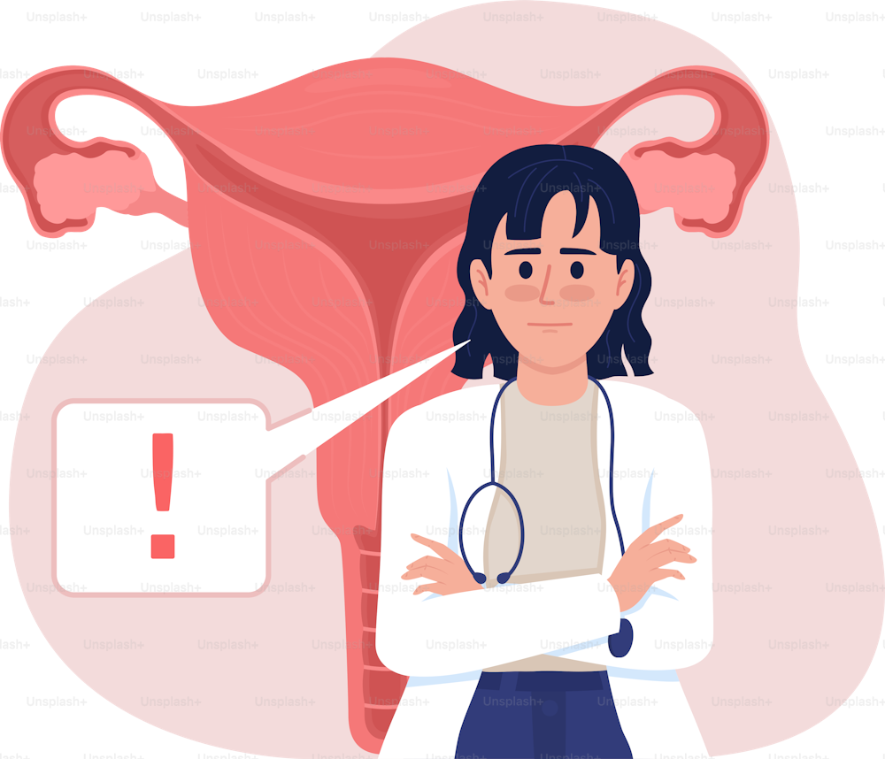 Draw attention to woman reproductive health 2D vector isolated illustration. Doctor with exclamation mark flat character on cartoon background. Colorful editable scene for website. Recursive font used