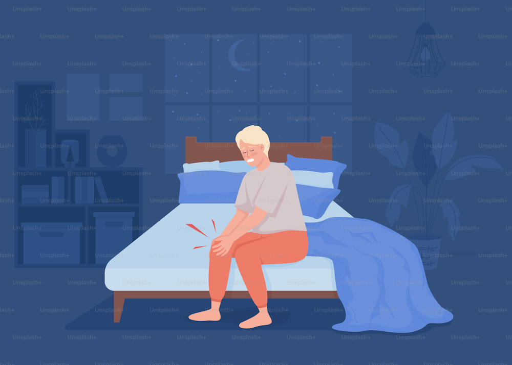 Knee pain at night flat color vector illustration. Sleep deprivation. Painful inflammation in leg. Kneecap ache. Fully editable 2D simple cartoon character with cozy bedroom interior on background