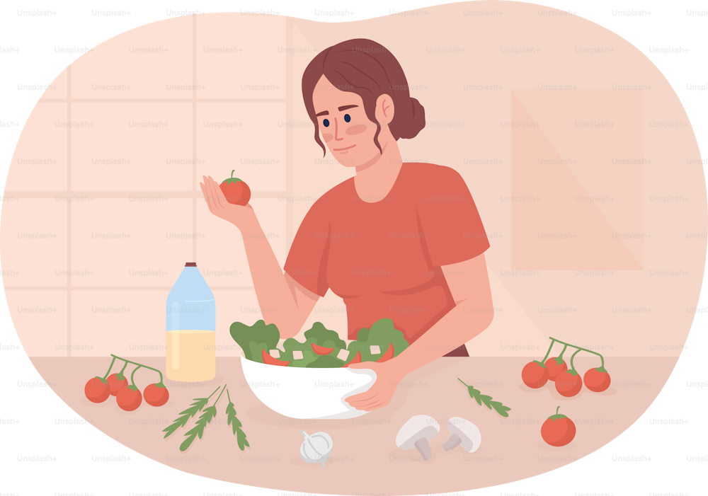 Making salad with fresh vegetables and mayonnaise 2D vector isolated illustration. Lady cooking in kitchen flat character on cartoon background. Colourful editable scene for website, presentation