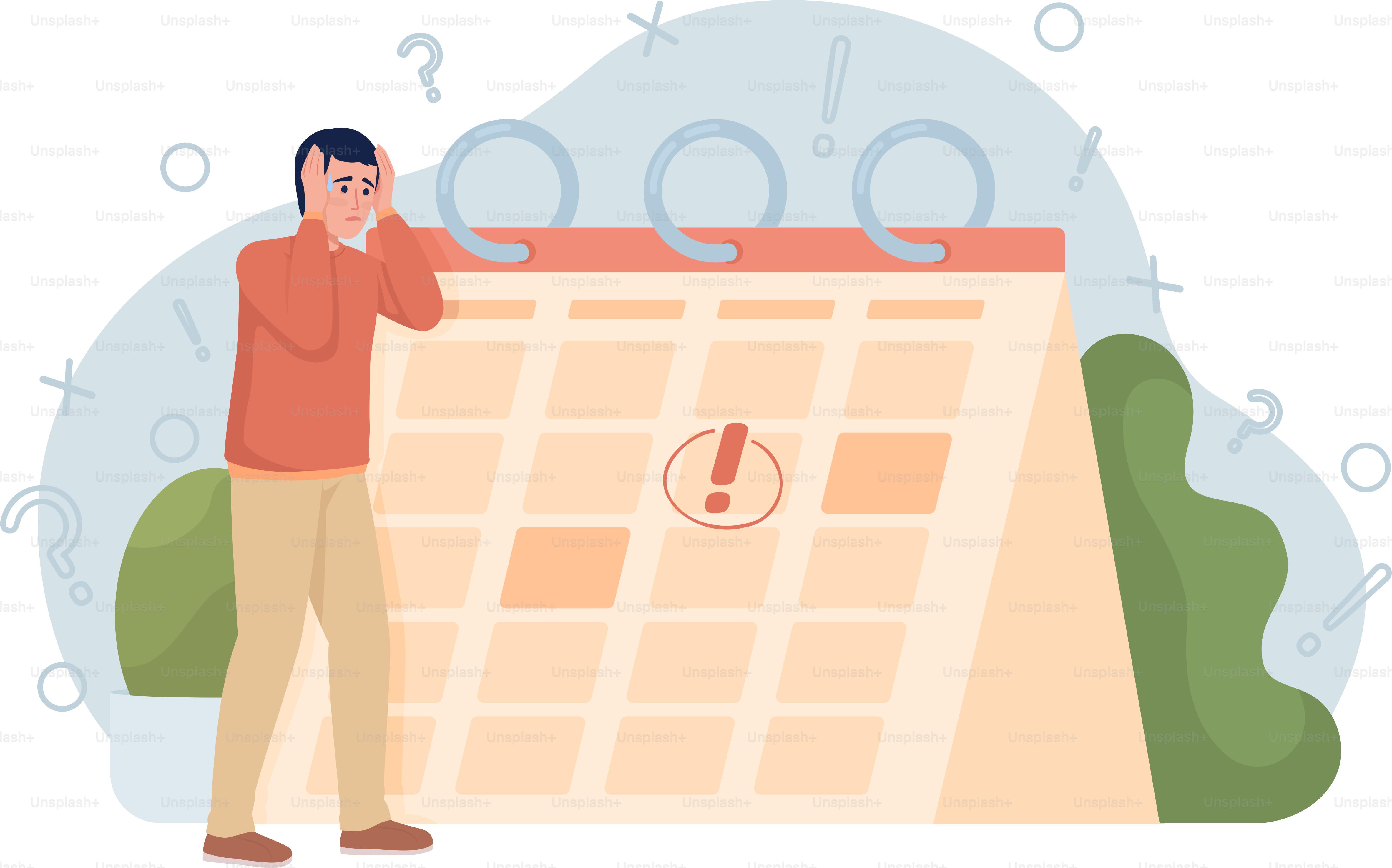 Deadline anxiety 2D vector isolated illustration. Shocked man flat character on cartoon background. Colourful editable scene for mobile, website, presentation. Nerko One Regular, Quicksand fonts used