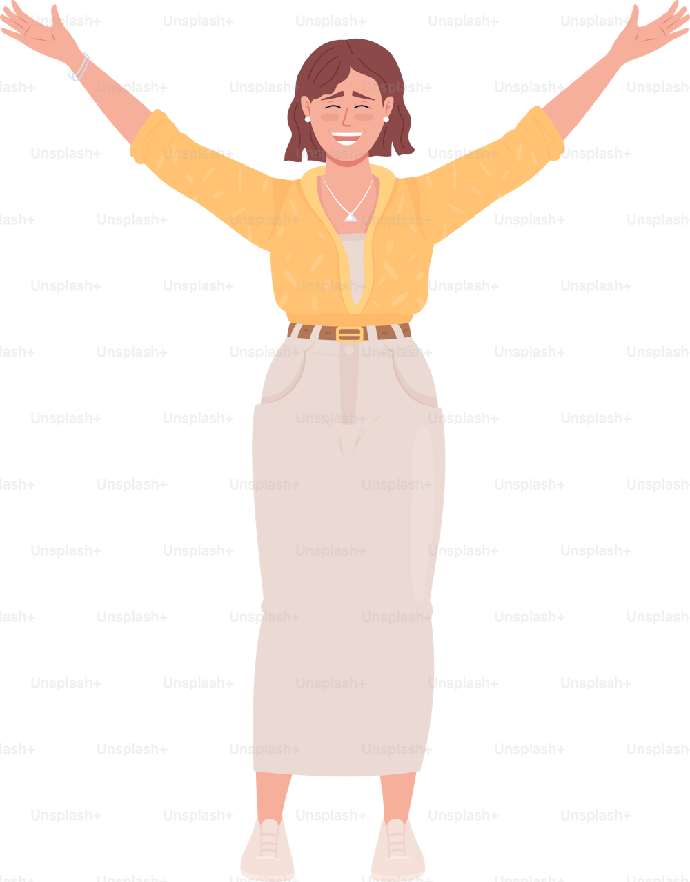 Joyful woman raising up hands semi flat color vector character. Editable figure. Full body person on white. Freedom simple cartoon style illustration for web graphic design and animation