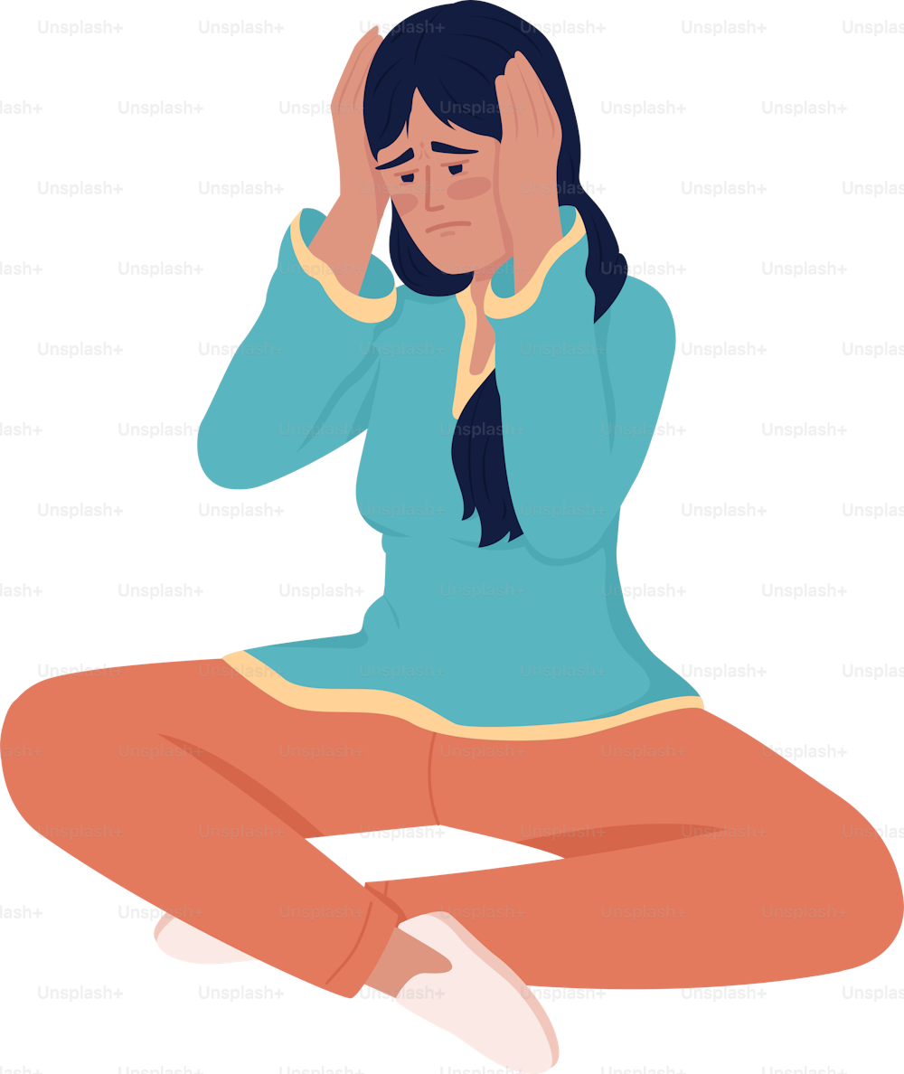 Unhappy young woman clutching head semi flat color vector character. Editable figure. Full body person on white. Depression simple cartoon style illustration for web graphic design and animation