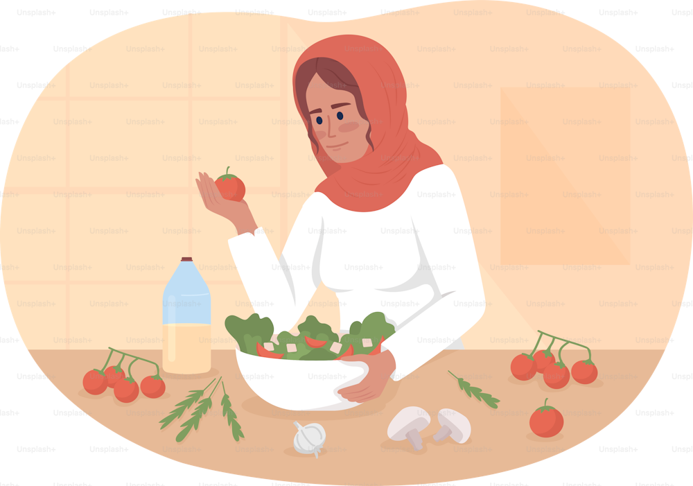 Preparación de ensalada saludable y deliciosa 2D vector ilustración aislada. Mujer cocinando en cocina personaje plano sobre fondo de dibujos animados. Colorida escena editable para móvil, sitio web, presentación