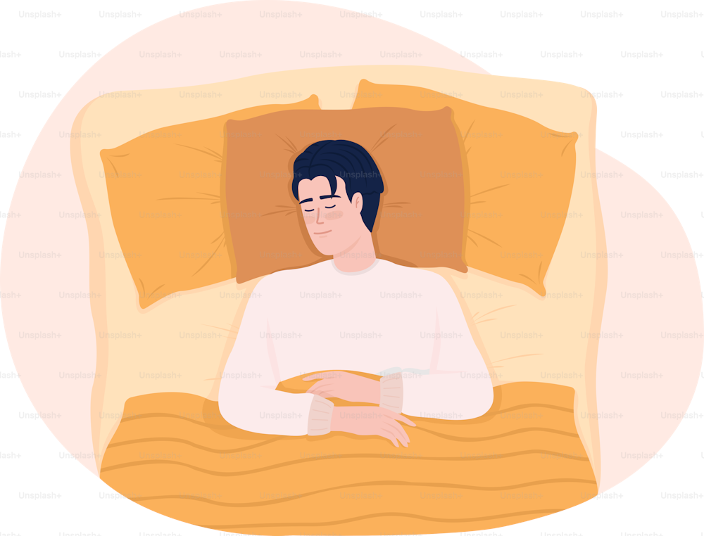 Sleep on back in relaxed position 2D vector isolated illustration. Man with calm face flat character on cartoon background. Cosy atmosphere. Colourful editable scene for mobile, website, presentation
