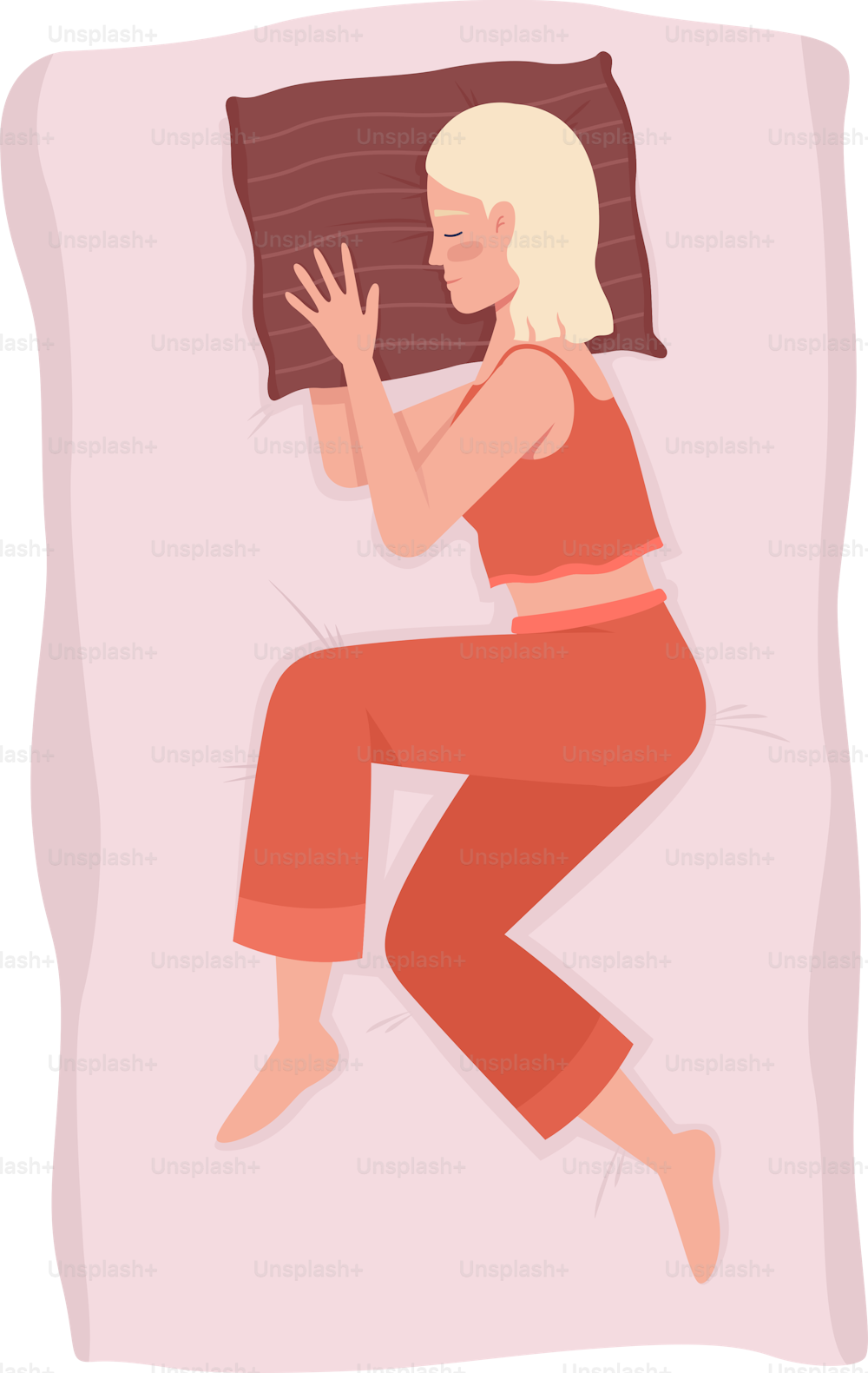 Durmiente lateral hembra con brazo debajo de la almohada Ilustración aislada vectorial 2D. Mujer relajándose en la cama plana personaje sobre fondo de dibujos animados. Colorida escena editable para móvil, sitio web, presentación