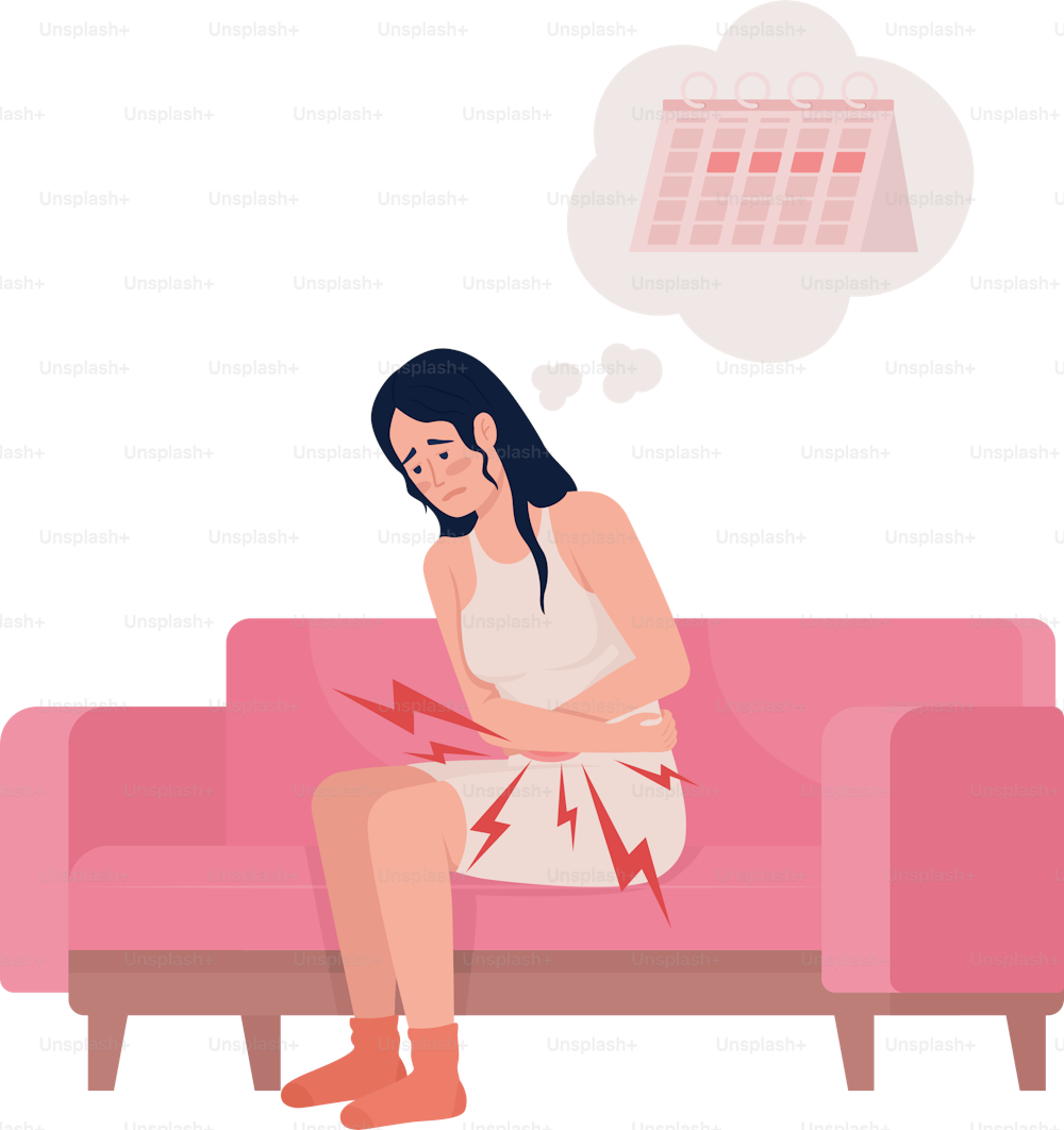 Girl suffering from unbearable menstrual cramps semi flat color vector character. Editable figure. Full body person on white. Simple cartoon style illustration for web graphic design and animation