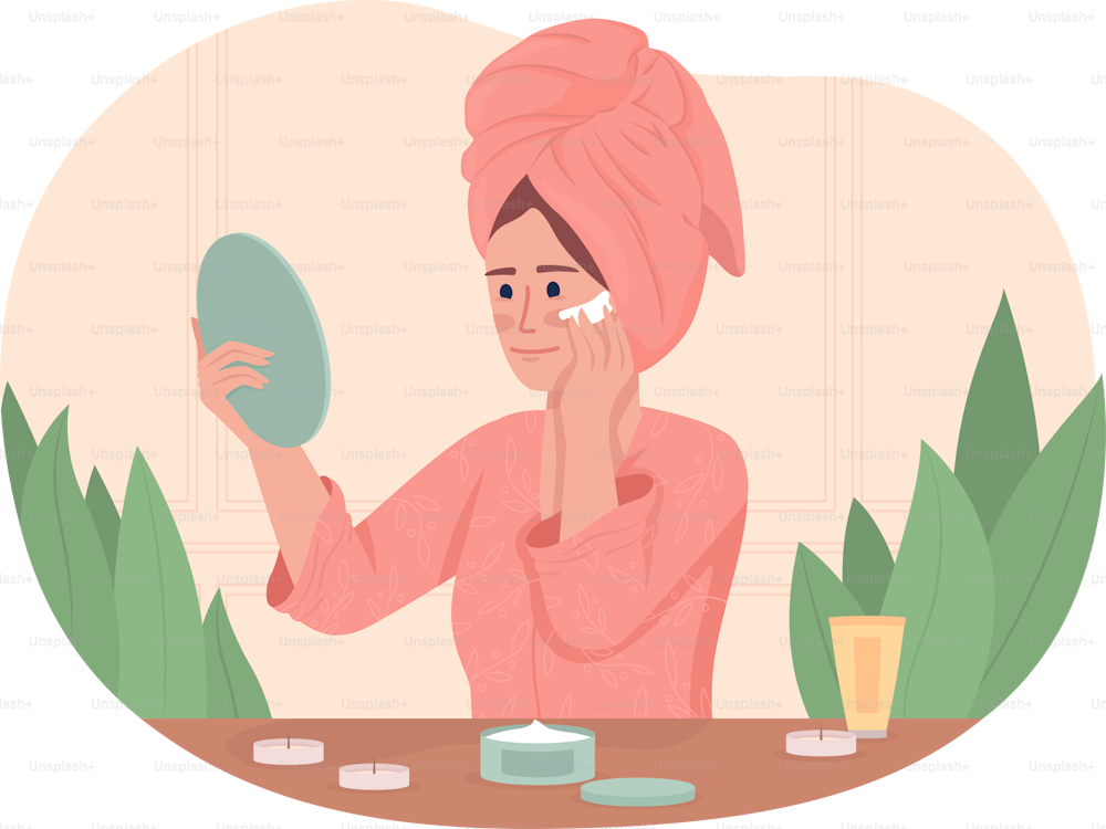 Young woman applying facial cream 2D vector isolated illustration. Lady at home spa flat character on cartoon background. Self care colourful editable scene for mobile, website, presentation