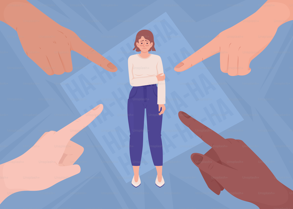 Ashamed woman and pointing hands flat color vector illustration. Condemnation. Mental disorder stigmatization. Fully editable 2D simple cartoon character with text on background. Bebas Neue font used