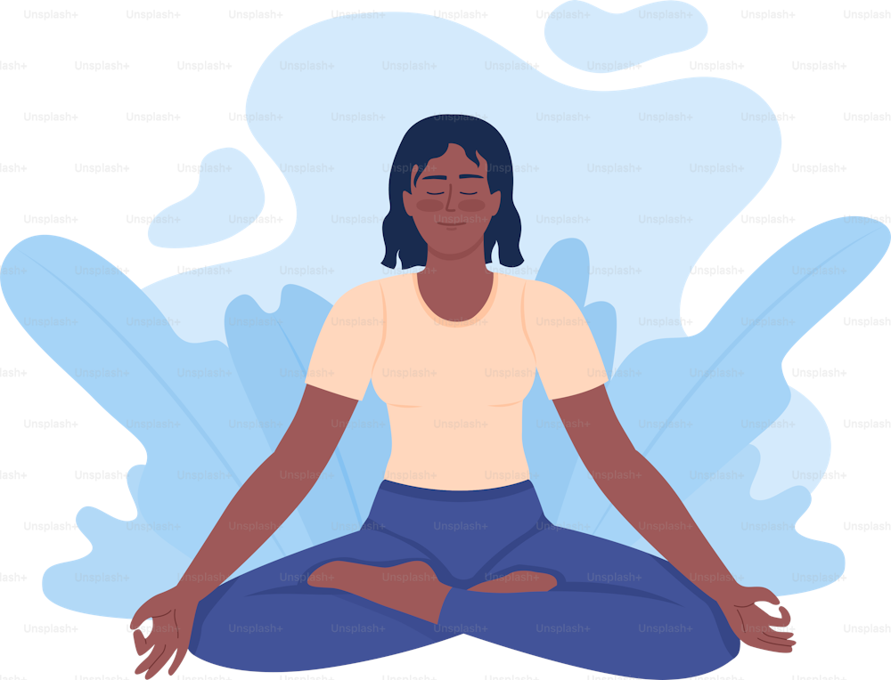 Positive young woman meditating in lotus pose 2D vector isolated illustration. Tranquil flat character on cartoon background. Mindfulness colourful editable scene for mobile, website, presentation