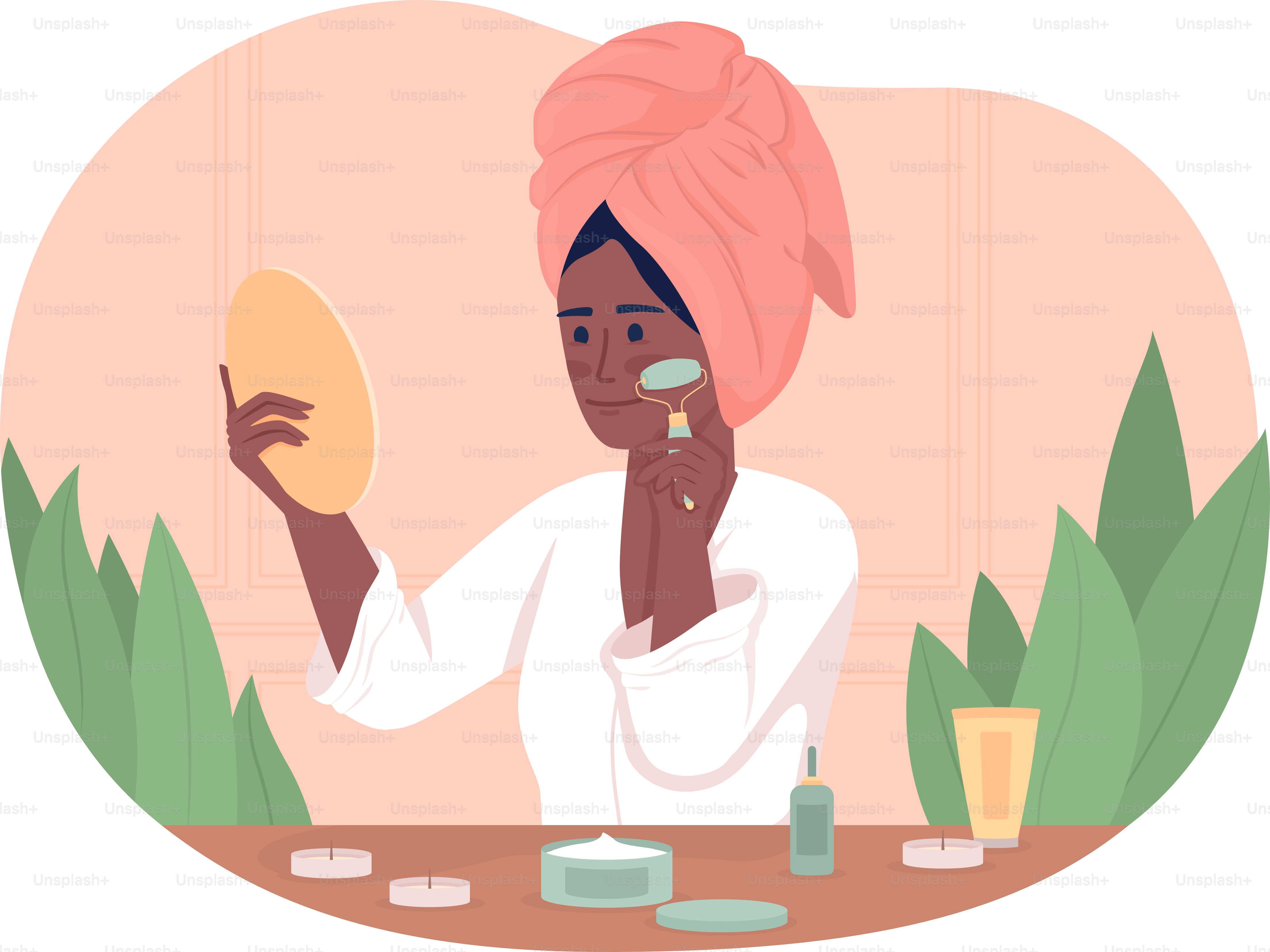 Mulher que usa o rolo da face em casa ilustração isolada do vetor 2D. Massageando o rosto do personagem plano no fundo dos desenhos animados. Cosmetologia colorida cena editável para celular, site, apresentação