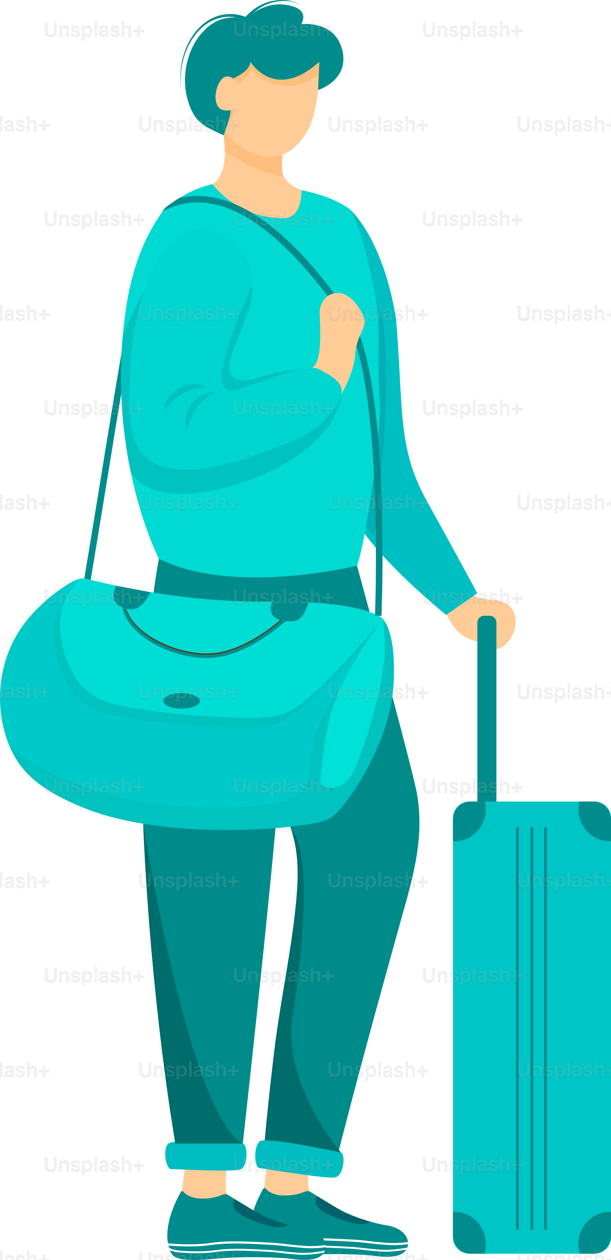Voyageur masculin avec un personnage vectoriel de couleur semi-plate pour bagages. Arrivée à l’aéroport. Figure debout. Personne de corps entier sur blanc. Illustration simple en style cartoon pour la conception graphique web et l’animation