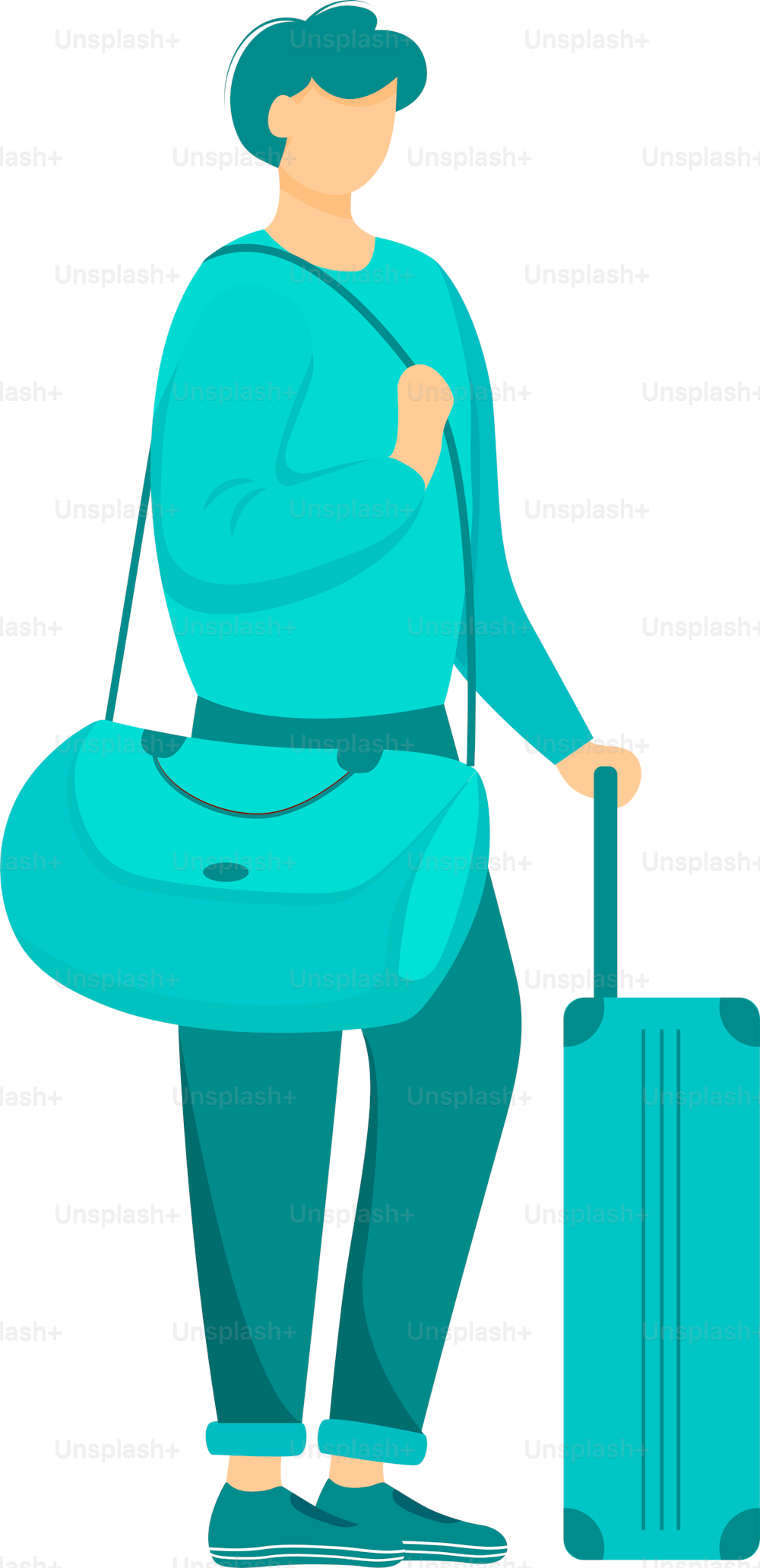 Male traveler with baggage semi flat color vector character. Arriving at airport. Standing figure. Full body person on white. Simple cartoon style illustration for web graphic design and animation