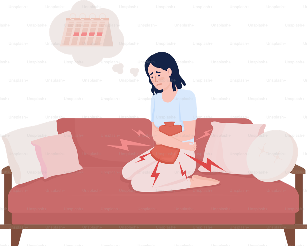 Suffering lady with heating pad for cramps semi flat color vector character. Editable figure. Full body person on white. Simple cartoon style illustration for web graphic design and animation