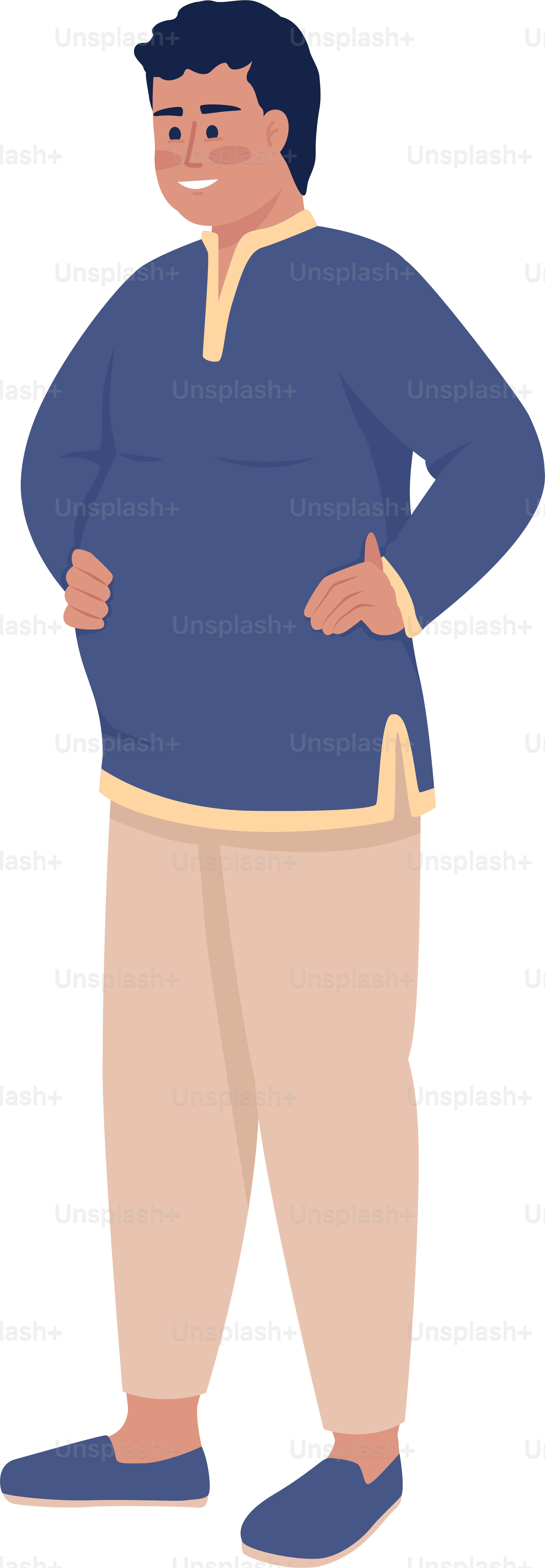 Hombre sonriente y satisfecho, personaje vectorial de color semi-plano. Figura editable. Persona de cuerpo entero en blanco. Ilustración de estilo sencillo de dibujos animados positiva para diseño gráfico web y animación