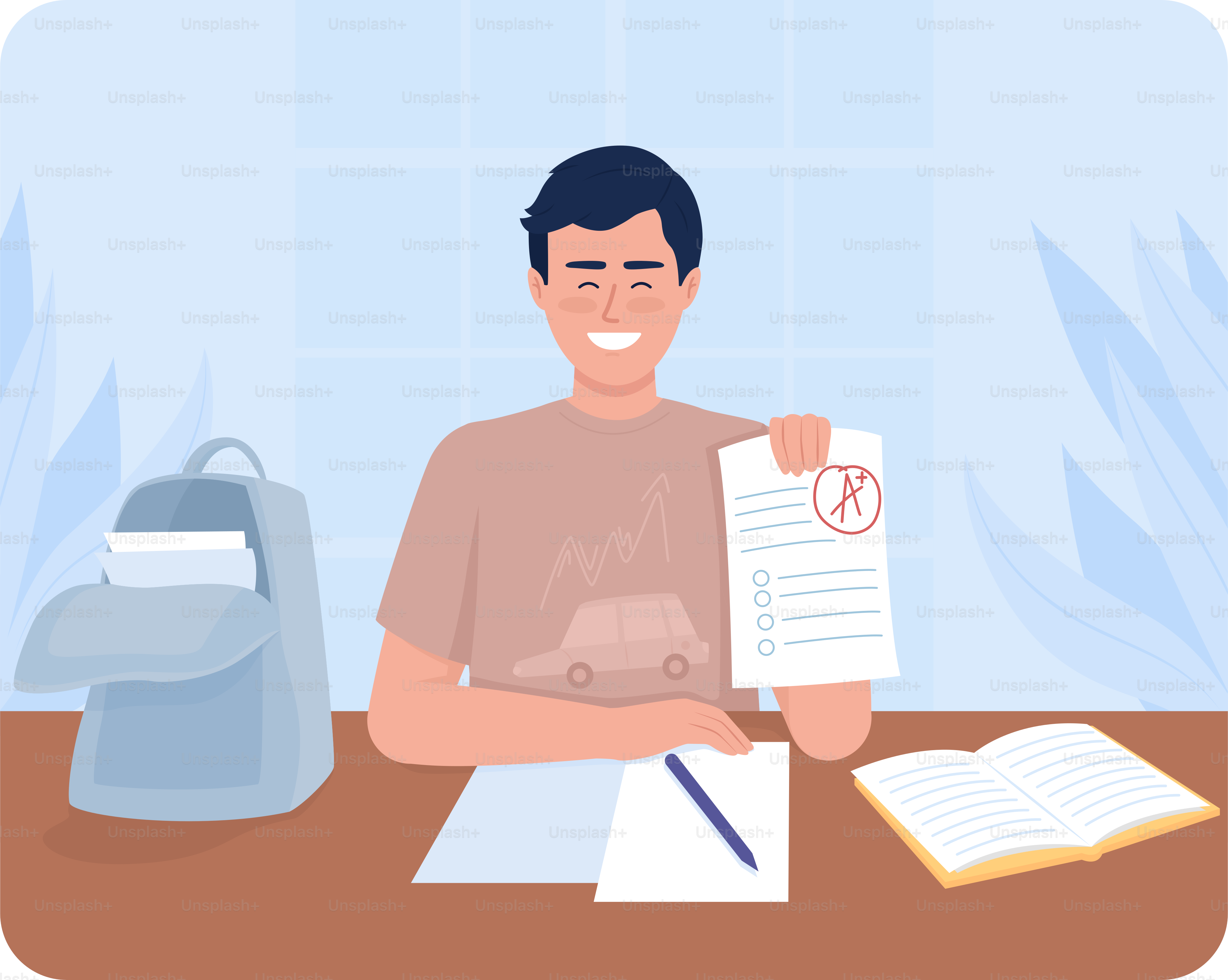 Alto livello di rendimento accademico nell'illustrazione 2D isolata vettoriale. Personaggio felice di studente maschio su sfondo da cartone animato. Scena colorata e modificabile per mobile, sito web, presentazione