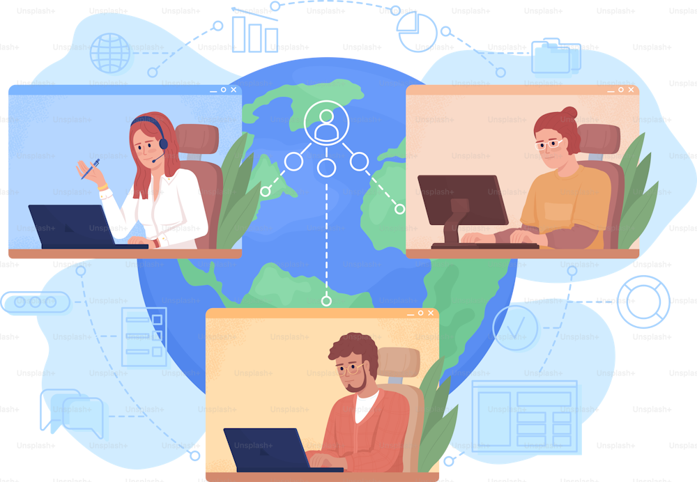 Collective remote work 2D vector isolated illustration. Remote teamwork. Professionals flat characters on cartoon background. Colourful editable scene for mobile, website, presentation
