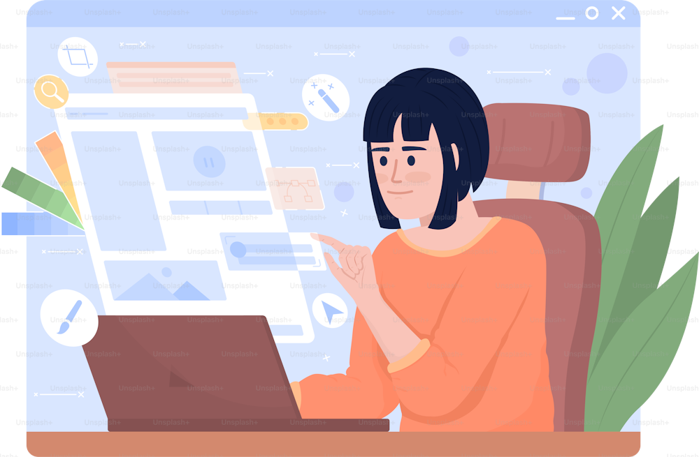 Web designer 2D vector isolated illustration. Girl working flat character on cartoon background. Website designing. Freelance artist colourful editable scene for mobile, website, presentation