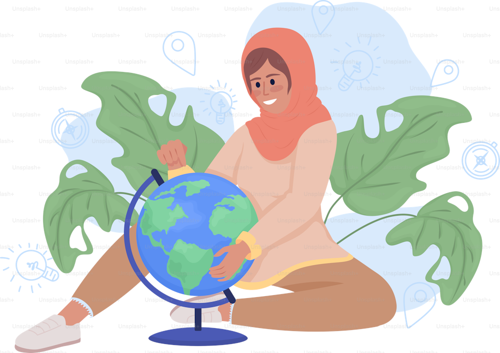 Female adventure lover 2D vector isolated illustration. Excited girl studying 3d Earth globe flat character on cartoon background. Colourful editable scene for mobile, website, presentation