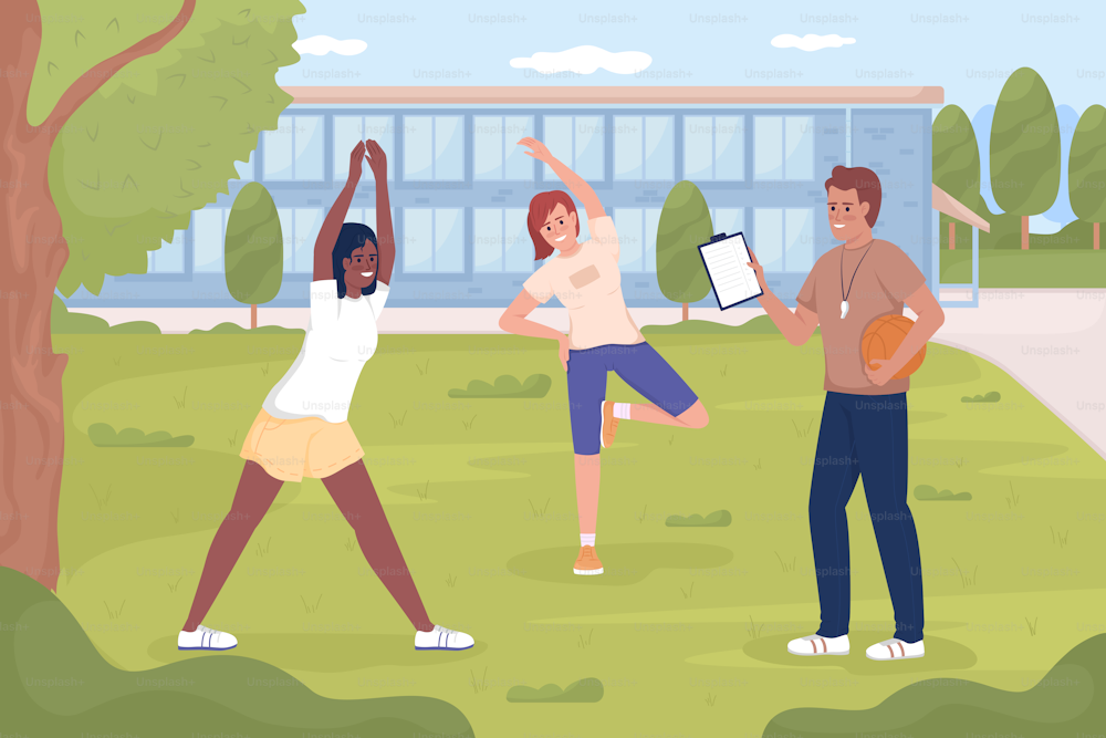 PE class outside of school flat color vector illustration. Active recreation. Student athletes. Group workout. Fully editable 2D simple cartoon characters with school environment on background