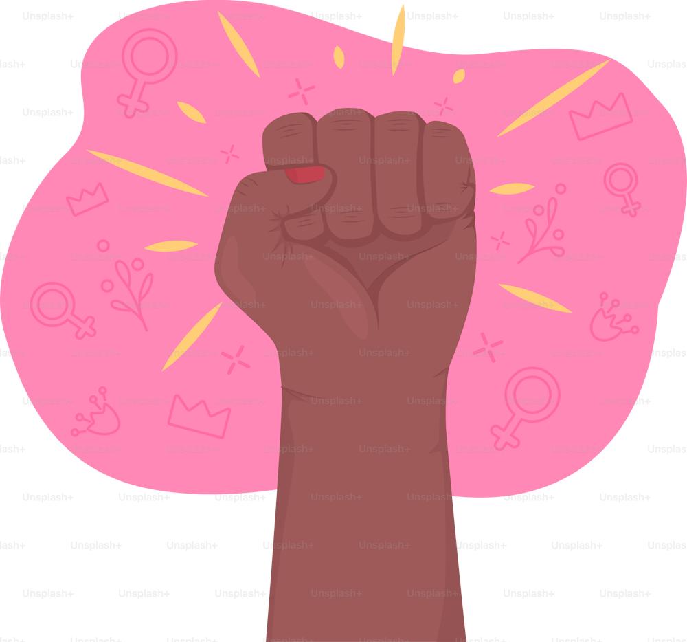 Feminist movement 2D vector isolated illustration. Raised fist flat hand gesture on cartoon background. Fighting for equal rights colourful editable scene for mobile, website, presentation