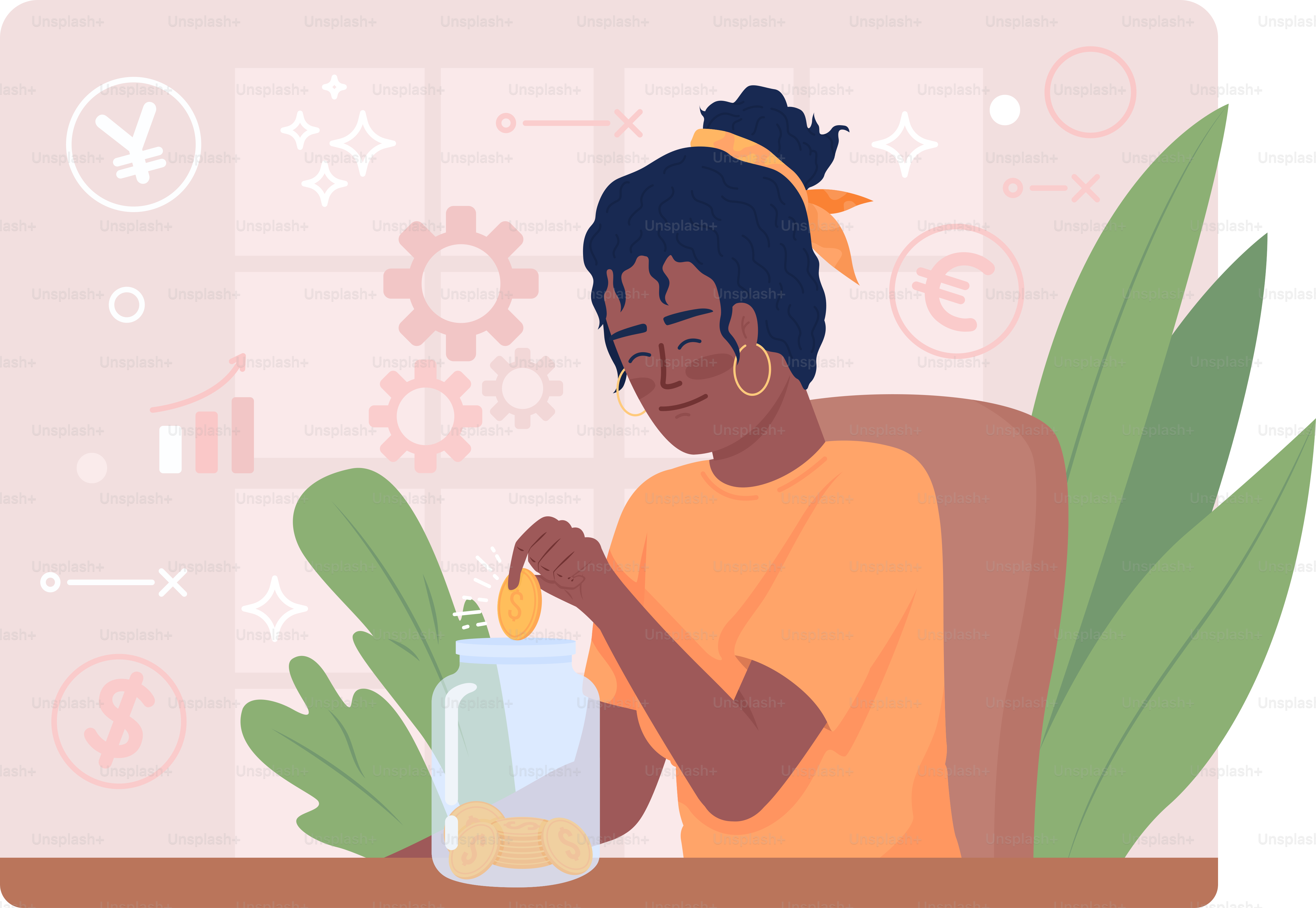 Girl saves money 2D vector isolated illustration. Putting coins in penny bank flat character on cartoon background. Colourful editable scene for mobile, website, presentation. Quicksand font used