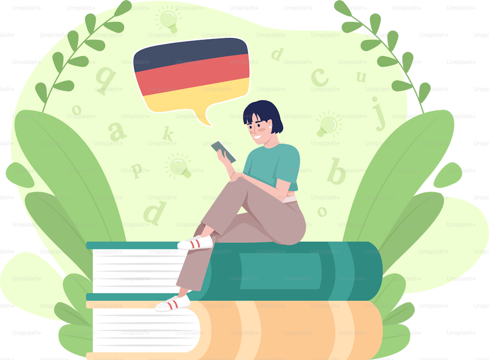Aprender alemán con la aplicación móvil 2D vectorial ilustración aislada. Estudiante con personaje plano de teléfono inteligente sobre fondo de dibujos animados. Colorida escena editable para sitio web, presentación