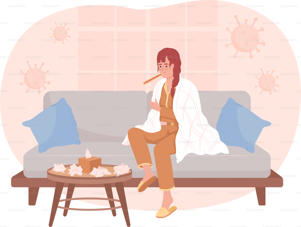 Woman with flu sitting on sofa 2D vector isolated illustration. Hazardous virus. Infection flat character on cartoon background. Cold colourful editable scene for mobile, website, presentation